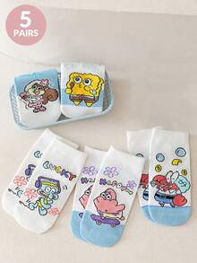 SPONGEBOB 海绵宝宝 5 双儿童短袜趣味新奇卡通海绵宝宝夏季透气吸湿印花袜儿童吸湿排汗适合日常旅行上学穿低帮短袜学生船袜