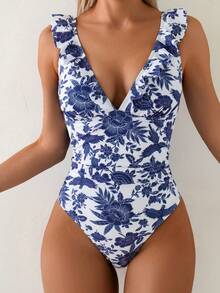 Costume da bagno intero da donna sexy con stampa floreale, scollo a V con volant, schiena scoperta, lacci, perfetto per la spiaggia, le vacanze e il nuoto