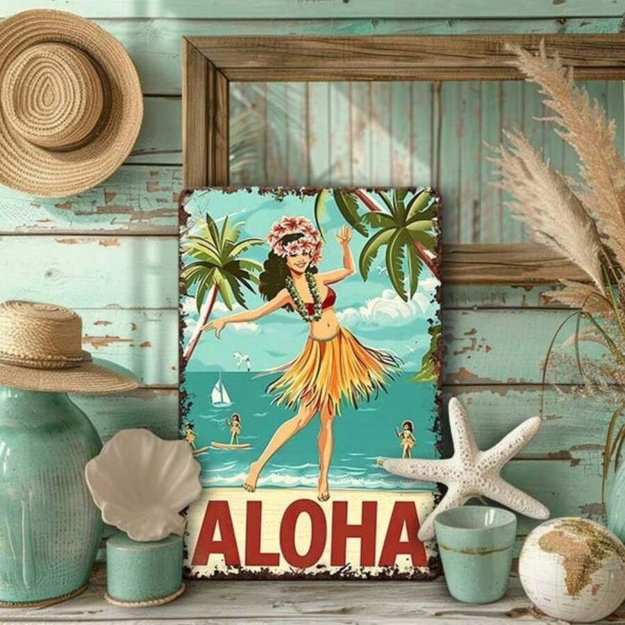 1 Panel de 8"*12"12"*16" Decoración de metal Aloha - Decoración retro de bailarina de Hulu de Hawái para casa de playa, bar Tiki de patio trasero, baño - Seguro para uso en interiores o exteriores - Retro - Ver 1