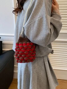 Women's Summer Woven Pearl Handbag, Cute Raspberry Crochet Knit Phone Pouch Crossbody Bag