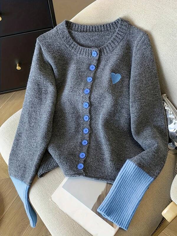 Casual Colorblock Embroidery Knitted Cardigan