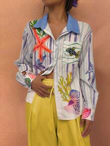 海星光2025波西米亚假日春夏女装超大时尚休闲舒适度假梦幻海洋独特印花纽扣口袋衬衫