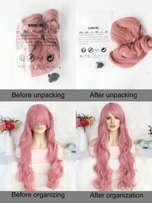 Peluca larga y ondulada de color rosa para mujeres, pelucas rosas con flequillo para Halloween, cabello sintético con un flequillo largo y natural, ondulado, resistente al calor, peluca de color llamativo para fiestas, disfraces, navidad, día de acción de gracias, día de la madre, festivales de música y decoraciones - Rosa - Ver 8