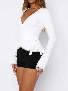 Ballet Pilates Wrap Tops For Women Long Sleeve Tie Front Lace Trim Wrap Shirt Slim Fit Dance Yoga Workout Tops - White - View 2