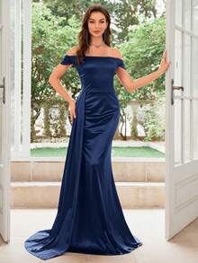MUXXN Off-The-Shoulder Draped Side Slit Satin Formal Dress - Navy Blue - View 4