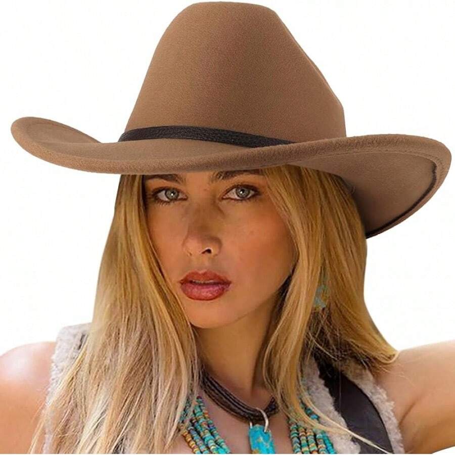 Classic Western Felt Cowboy Hat With Wide Brim For Outdoor Use - 1 Pc Style 2: Brown - View 1