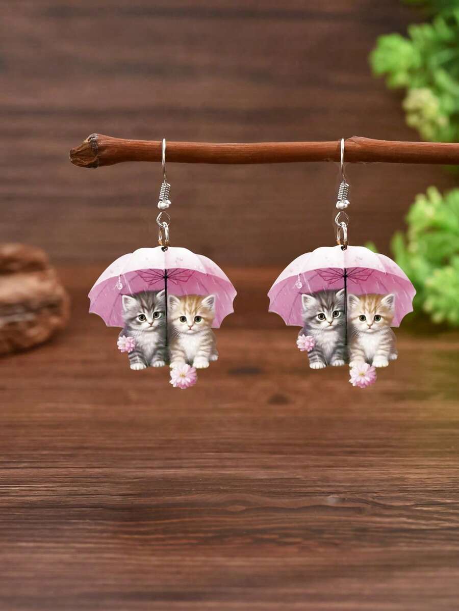 1 Paar 2D Acryl-Ohrringe zum Thanksgiving für Frauen, romantische rosa Regenschirm Blumen Katzen Kunst Hänge-Ohrringe, elegante, schicke Tier Feiertagscharms, perfektes Geschenk für Liebste, Weihnachtsgeschenk, ganzjährig tragbar - Katze - Übersicht 1