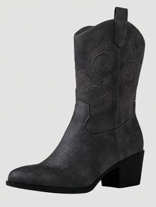 GLOBALWIN Women's Mid Calf The Western Cowgirl Boots Fashion Cowboy Boots For Women Chunky Low Heel Fall Boots Halloween Season - 19yy17grey - 查看 4