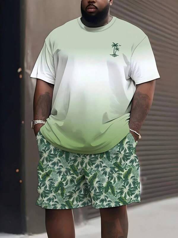 Conjunto de pantalones cortos de manga corta ombré blancos y verdes para hombre de talla grande, Top de cuello redondo ombreada de moda minimalista con cordón verde, casual diario/viaje/adecuado para vacaciones de verano