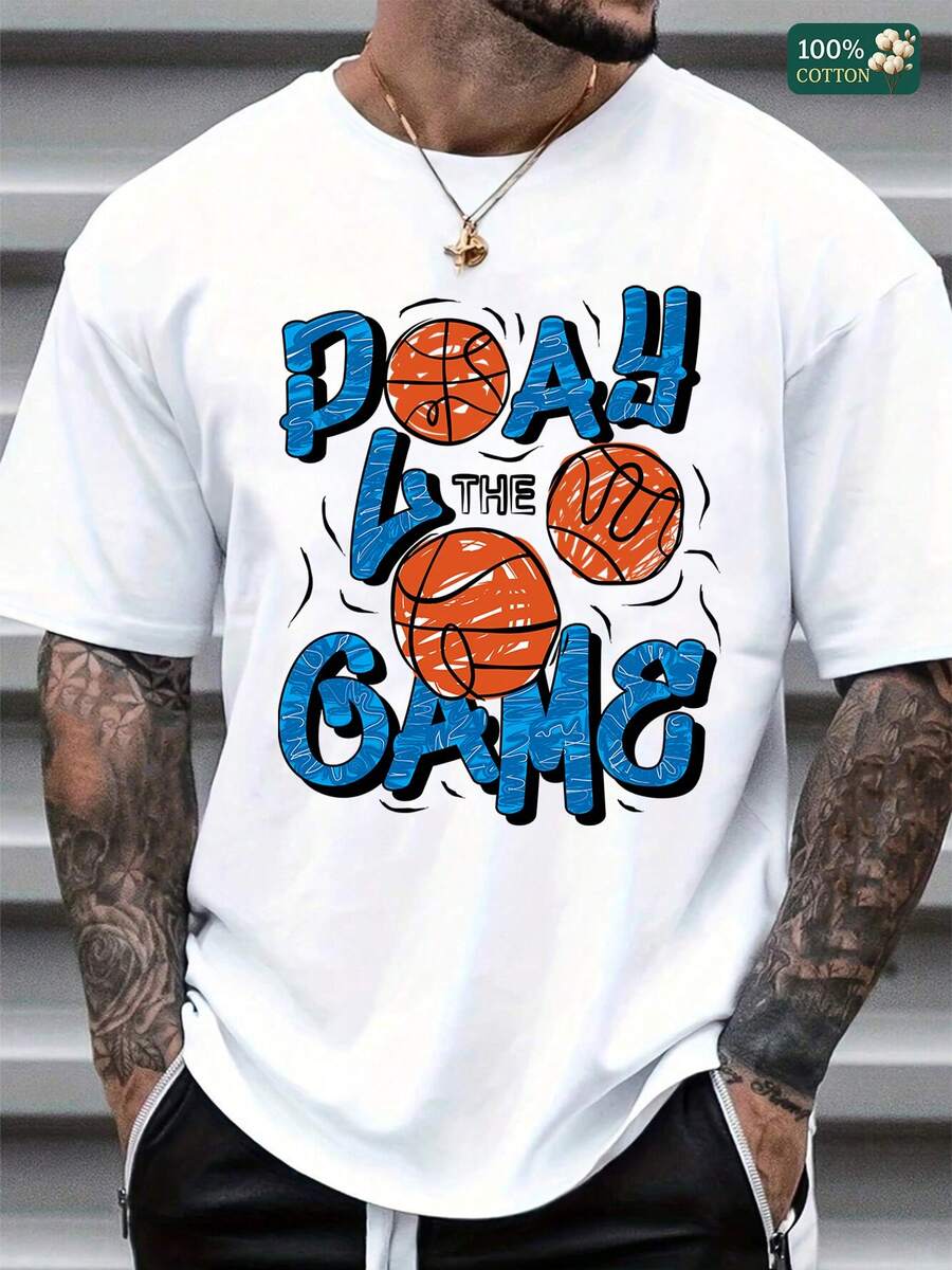 Unisex 100% Cotton Round Neck Short - Sleeve T - Shirt - "Play The Game" Basketball - Themed Graphic For Summer Men's Tops - White - View 1