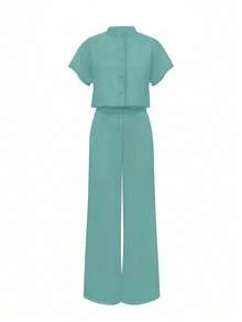 2 件女式夏季纯色立领短袖衬衫 + 优雅白色阔腿裤套装 - 薄荷綠 - 查看 2