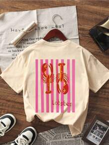 1 pieza Camiseta de manga corta con estampado de langosta tropical para niñas preadolescentes, ropa para estudiantes y niños pequeños, adecuada para actividades en la playa/océano