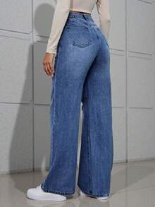 Jeans anchos rotos de cintura alta, confeccionados en algodón suelto, con un diseño de pierna recta que hace que las piernas se vean más largas, adecuados para uso casual diario en todas las estaciones. - Azul - Ver 3