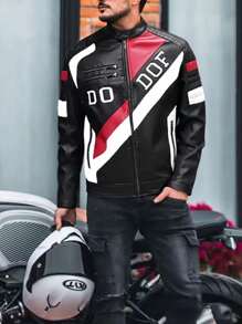 Men's Colorblock Stand Collar PU Leather Jacket, Fashion Biker Motorcycle Jacket, Spring/Autumn