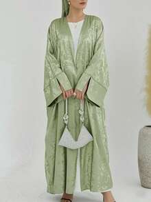 Women's Tie Dye Batwing Sleeve Loose Arabic Style Long Cardigan, Modest Robe, Abaya - Green Plum Green - View 3