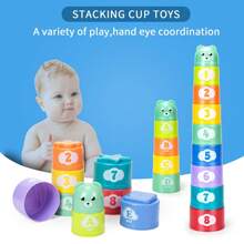 Juego de 9 piezas de vasos apilables educativos para bebé, juguetes de aprendizaje para clasificación, ciencia y cognición educativa, bloques de construcción de partículas grandes, vasos apilables con patrones de letras digitales y diseño de oso de dibujos animados (colores aleatorios)
