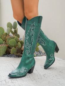 秋冬女士西部刺绣套穿式过膝长靴，粗跟V型开口时尚靴，牛仔靴 - 墨綠色 - 查看 5