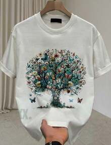 Printed T-Shirt Blouse 100% Cotton Comfort Casual Short Sleeve