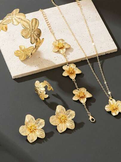 6 pièces Ensemble de bijoux vintage doré plaqué or, avec pendentif, collier, bracelet, bague et boucles d'oreilles à motif de fleur à 5 pétales. Un ensemble polyvalent à la mode pour femmes.