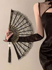 1pc Exquisite Gold Rose Lace Fan, Elegant And Beautiful Lace Material, Cool Fan Accompanies Your Daily Travel, Gatherings And Parties, Suitable For Photography And Dancing, A Must-Have Decorative Item For Fashionable Women's Charm! Vintage Black Lace Folding Fan JK Lolita Cheongsam Fan Antique Style Photo Props Lace Lace Women Folding Summer Wedding Gifts Dance High End Props Folding Fan Fan Hand Fanfolding Fan