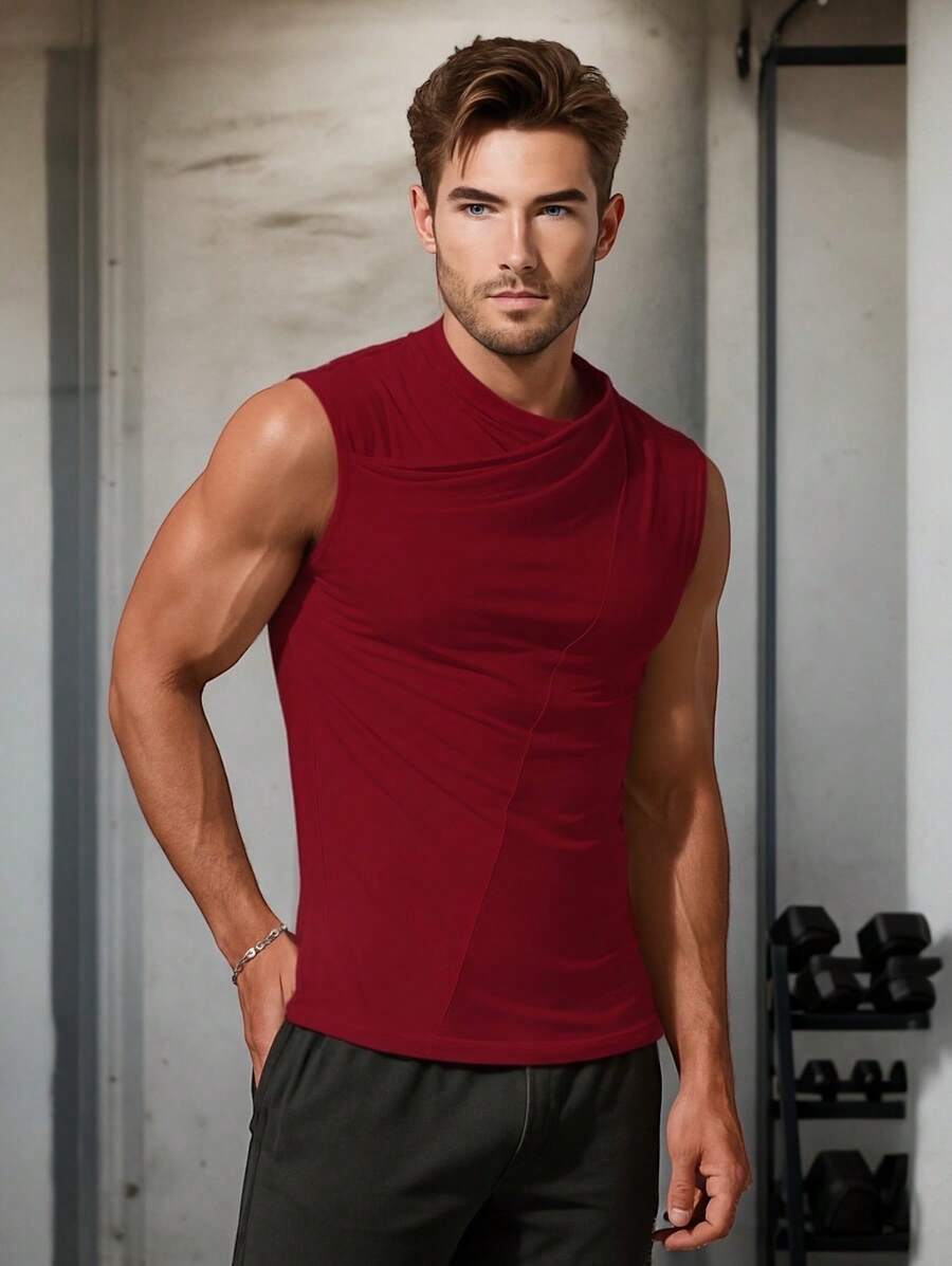 Playera con Cuello Asimetrico Cruzado de Hombros Descubiertos para Hombre - Rojo violeta - Ver 1