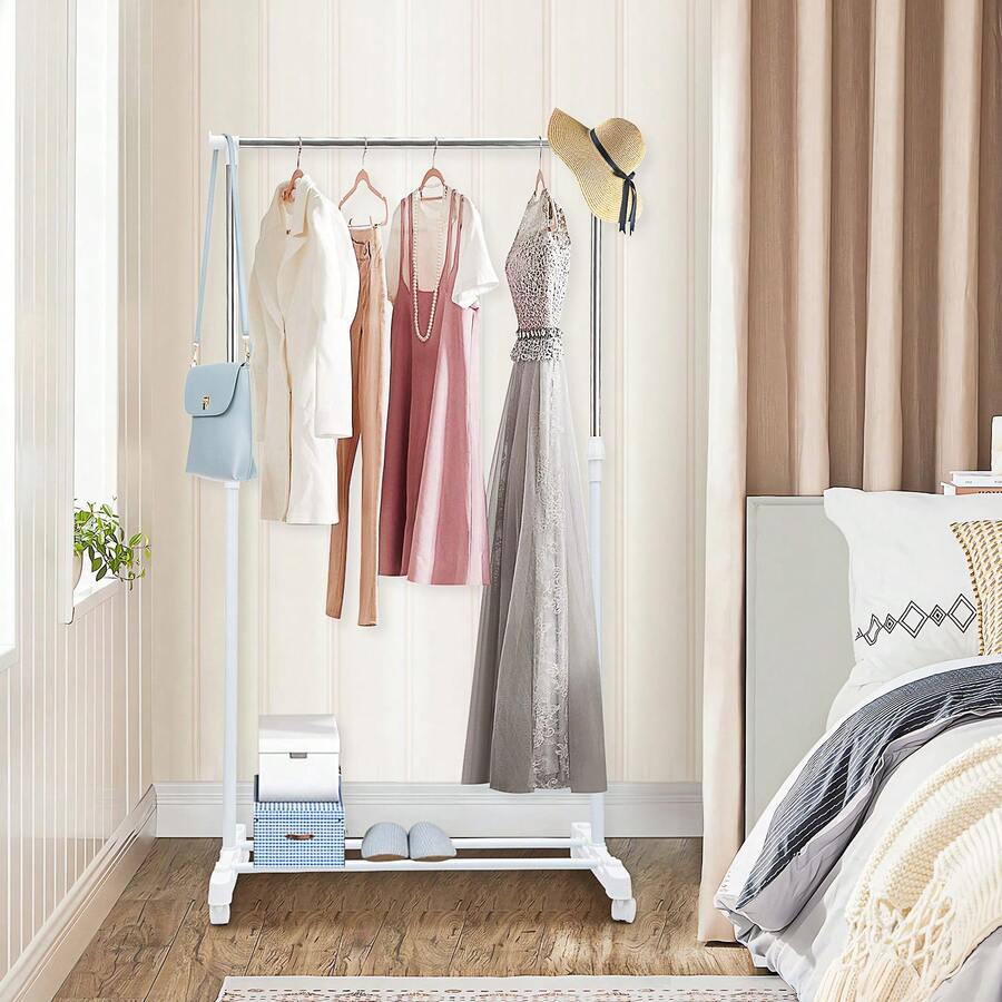 Clothes Rail Adjustable Garment Rack Telescopic Coat Rack Hanging Rail Clothes Stand With Shoe Shelf And Casters Clothing Rack For Small Place Organiser Shelf Bedroom Clothing Rack - White Single Rail - View 1