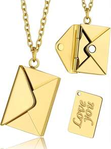 Envelope Love Letter Necklace For Women And Men Titanium Steel Engraved Locket With I Love You Secret Message Jewelry Pendant Gift For Couples And Family - 金色 - 查看 2