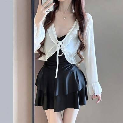 KLFYY 新作 背中開き セクシー 水着 レディース スカート風 ワンピース お腹 カバー スリム ジャケット付き 純情 温泉 バケーション ツーピースドレス