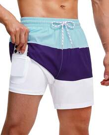 Mens Swim Trunks With Compression Lined Short Bathing Suits For Men 5 Inch Inseam Liner Men's Swimming Trunk - Blue Line - View 1