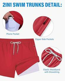 Mens Swim Trunks With Compression Lined Short Bathing Suits For Men 5 Inch Inseam Liner Men's Swimming Trunk - Zipper Red - View 6