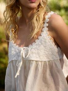 Women Summer Boho Lace Trim Tank Tops Y2k Tie Front Semi Sheer Crop Vest Cute Sleeveless Scoop Neck Flowy Cami Shirt Going Out Cotton Peplum Tops Beach Vacation Clothes Streetwear - 白色 - 查看 4