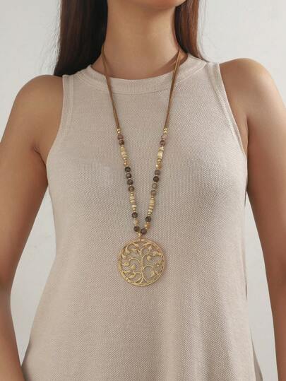 1 pieza Collar de metal con cuentas con diseño del árbol de la vida, adecuado para uso diario de mujer