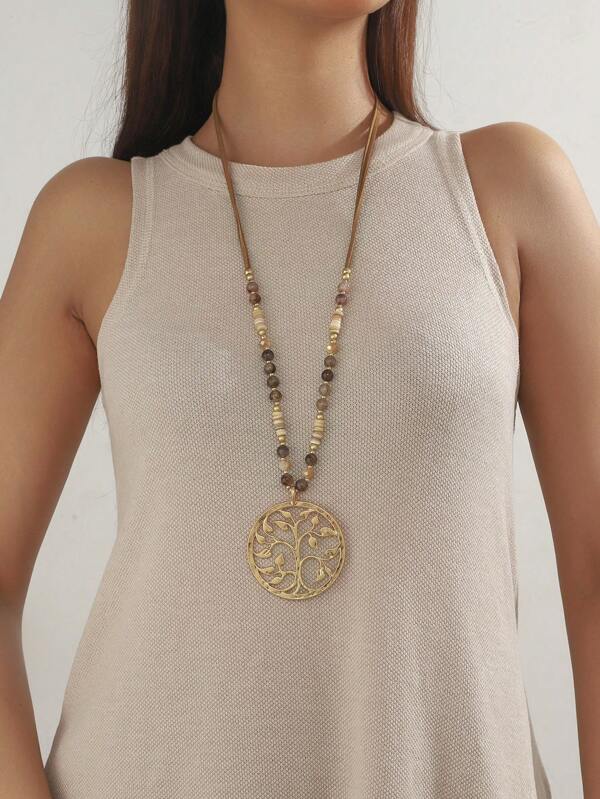 1pc Fashionable Tree Of Life Beaded Metal Necklace, Suitable For Women Everyday Wear