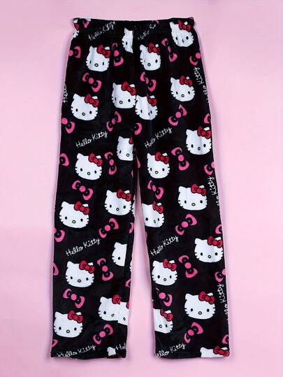 Dámské teplé fleecové pyžamové kalhoty Sanrio s celoplošným potiskem Hello Kitty, měkké domácí kalhoty v goth chic stylu s kresleným motivem kawaii, pyžamové prádlo pro větší velikosti