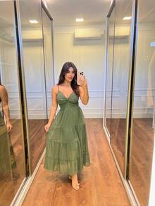 Women's Midi Dress With Square Neckline, Functional Buttons, Back With Elastex Plain Print - Olive Green - View 2