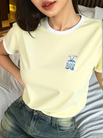 Playera camiseta dama mujer ringer puños cuello redondo contraste manga corta algodón lycra bordado pecho piña tropical  moderna retro casual corte regular