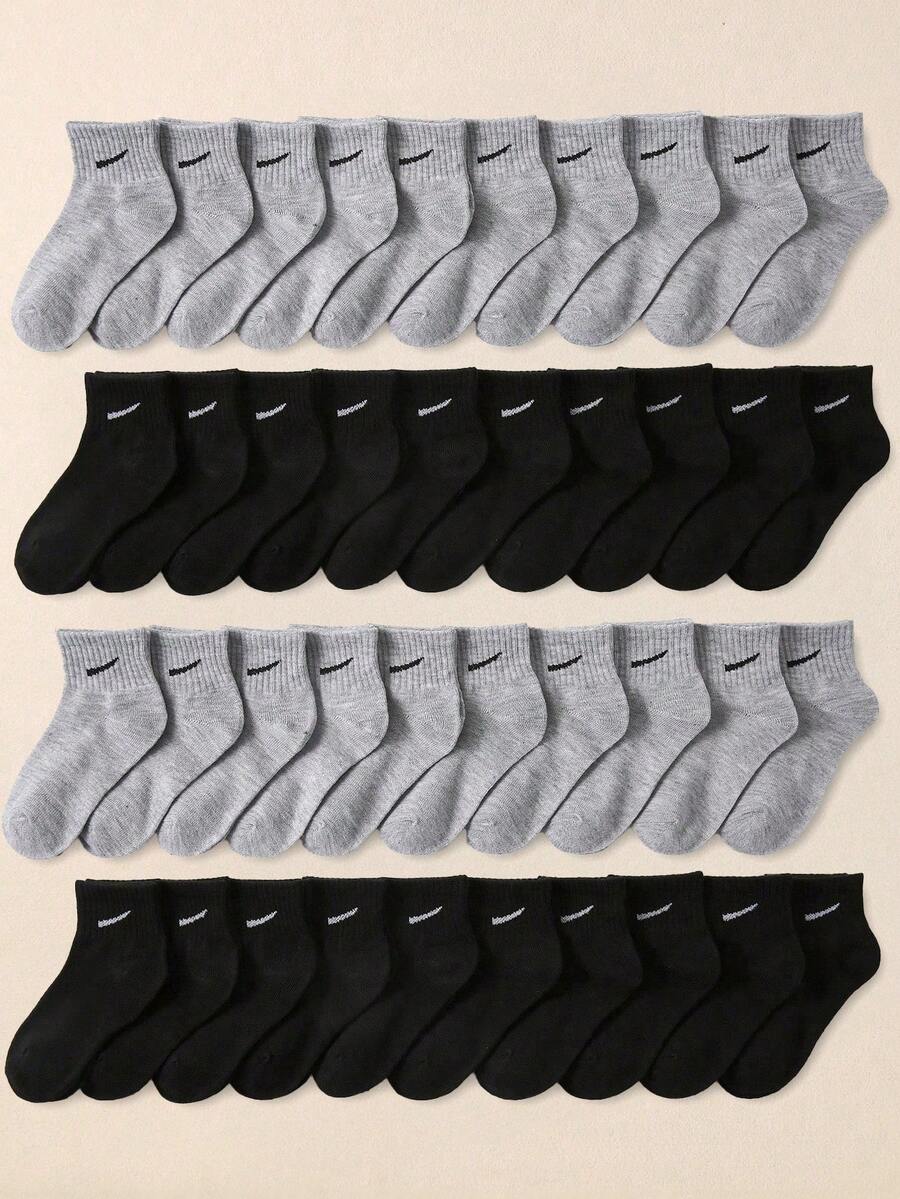 20 Pairs/Set Random Mixed Color Children's Socks, Black Versatile Style, Gray Baby Mid-Calf Socks, Diagonal Striped Pattern, Suitable For Casual Daily Wear - Multicolor - View 1