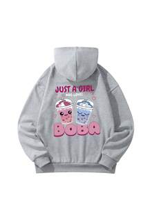 1件情人节休闲印花卫衣，适合青少年女孩，秋冬季加厚保暖内衬 - 色彩缤纷，适合喜欢奶茶的女孩 - 灰色 - 查看 4