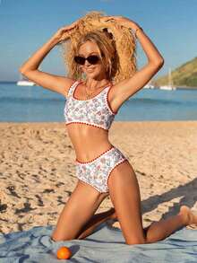 Trajes de baño de playa para mujer, 2025, con estampado de plantas y hojas, estilo bohemio, sexy, con ribete en contraste, para verano. - Multicolor - Ver 4