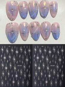 FULL BEAUTY 星星美甲贴纸激光金色星星指甲贴 4/2 件 3D 金属四角星爆指甲贴纸法式美甲配件 Y2K 星星粘性滑块女士美甲装饰 - 彩色 - 查看 2