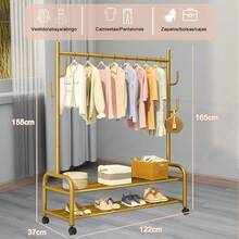 Perchero con Ruedas Dorado Organizador Estanteóvil para Colgar Ropa de Metal Percheros Burro Comercial con Estante de Almacenamiento Colgador de Ropa Percha Rodante para Sombrero y Árbol 120CM - 1 - Ver 6