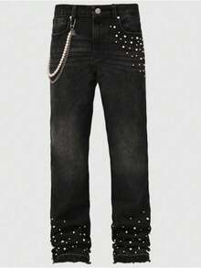 Nuevos pantalones rectos de mezclilla elástica con diamantes incrustados para hombres - ¡Esencial de la ropa urbana! - Negro - Ver 3