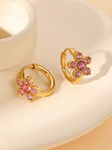 1 Pair Fashionable Minimalist Stainless Steel 18k Gold Plated Colorful Shiny Zirconia Four-Leaf Clover Flower Hoop Earrings, Hypoallergenic, Suitable For Women's Daily & Festival Accessories Or Gift, Especially For Summer Vacation