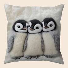 1pc -Super Soft Short Plush 45x45 Cm Throw Pillow Cover With Adorable Youngsters Emperor Penguin Chicks Design, Fluffy White Polyester, Zip Closure - Ideal For Sofas, Beds, And Farmhouses (Pillow Not Included), Sofa Accessory Vintage Style Pillow Soft Texture - Multicolor - View 3