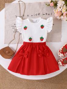 Set de 2 piezas de parte superior con mangas tipo casquillo con estampado de fresa + falda de pana con lazo, estilo casual de verano para niñas - Rojo - Ver 1