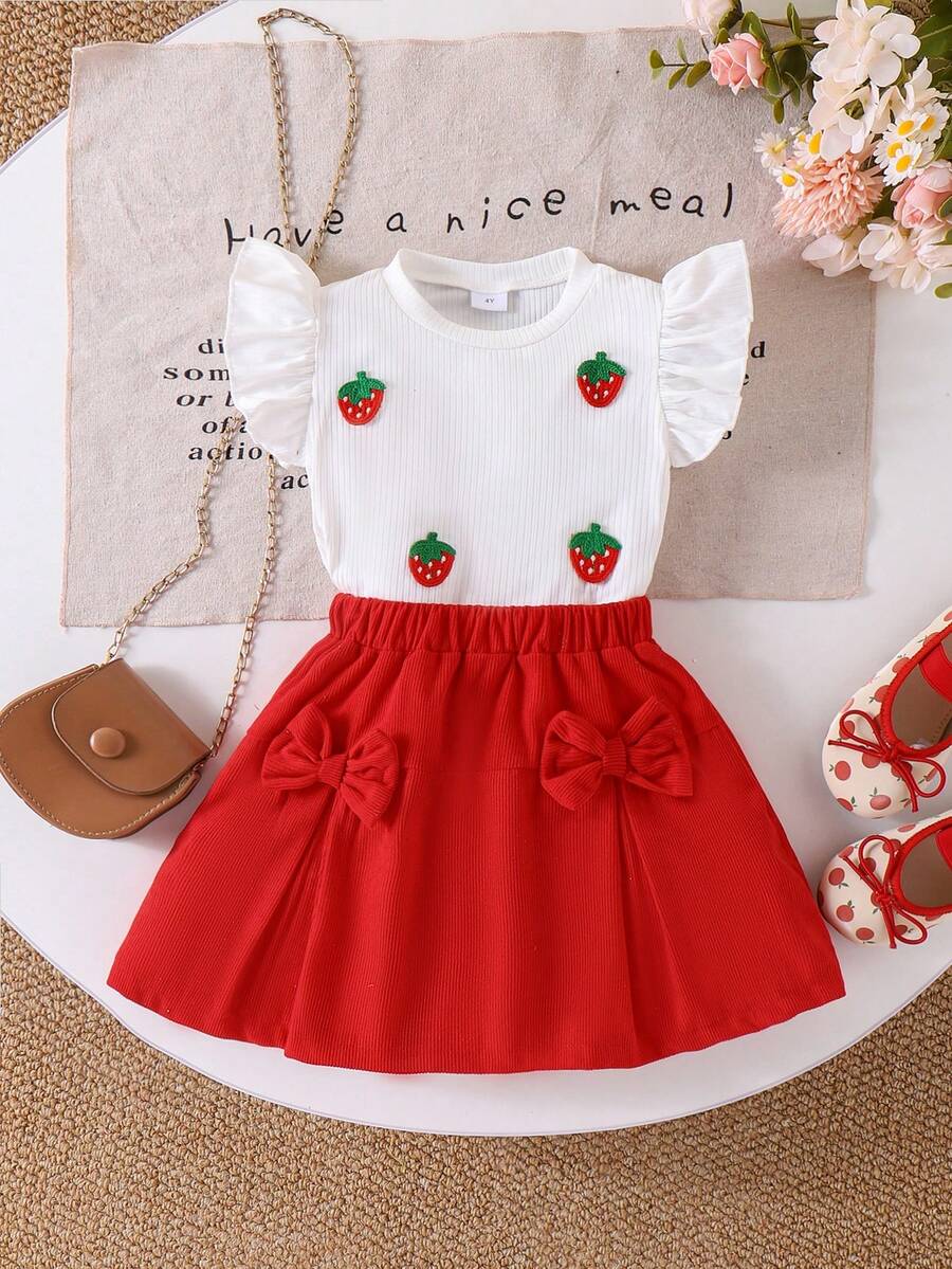 Set de 2 piezas de parte superior con mangas tipo casquillo con estampado de fresa + falda de pana con lazo, estilo casual de verano para niñas - Rojo - Ver 1
