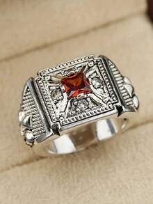 1 件复古绅士红色方形锆石戒指，商务/婚礼/订婚/派对珠宝礼物 - 銀色 - 查看 5