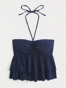 Women's Multi-Layer Ruffle Drawstring Sleeveless Halter Neck Top, Spring & Summer - Navy Blue - View 4