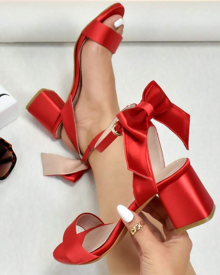 Sandalias Zapatilla Liso Glamour Tela Lazo Fiesta Tacon Moño  Fiesta  Elegante - Rojo - Ver 1