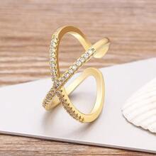 Luxury Cross X Shape Women Engagement Ring Pave Full Zirconia Gold Color Elegant Simple Jewelry 925 Silver - 金色 - 查看 3